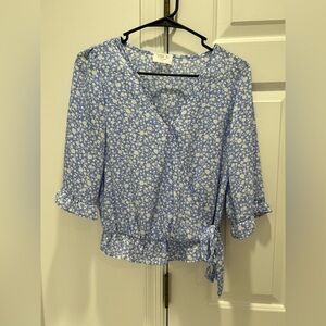 Sienna Sky Blue and White Floral Wrap Blouse